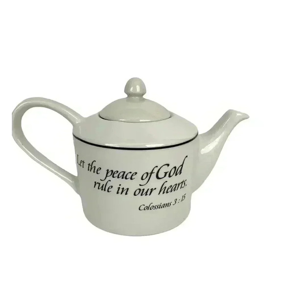 White Scripture Teapot Colossians 3:15 Peace of God Rule Hearts Microwave Safe - Picture 1 of 10